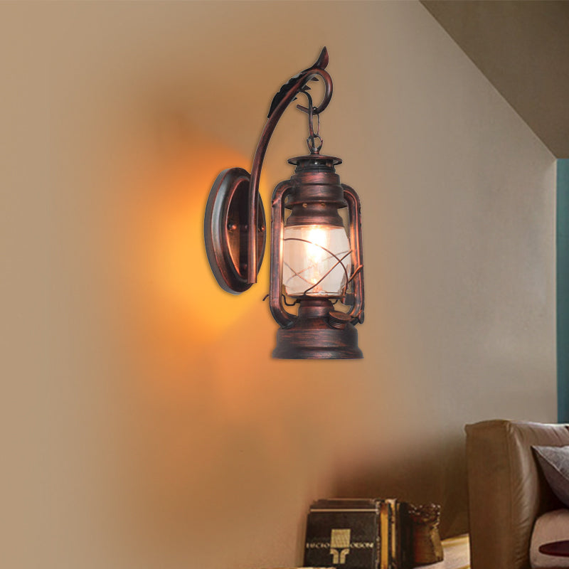 Traditional Vintage Iron Glass Cylinder Kerosene Lantern Mermaid 1-Light Wall Sconce Lamp For Hallway