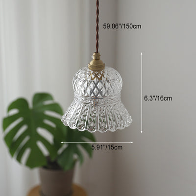 Traditional French Brass Checkered Glass Flower-Shape 1-Light Pendant Light For Living Room