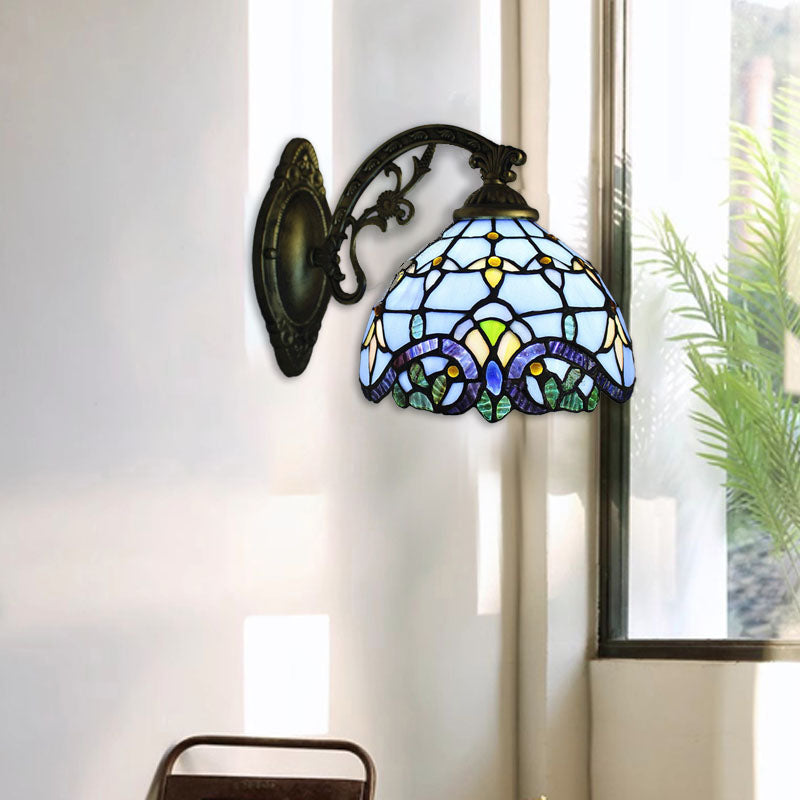 Traditional Tiffany Half Globe Mermaid Base Iron Glass 1-Light Wall Sconce Lamp For Bedroom