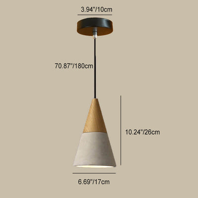 Contemporary Industrial Round Cone Triangle Cement Rubber Wood 1-Light Pendant Light For Living Room