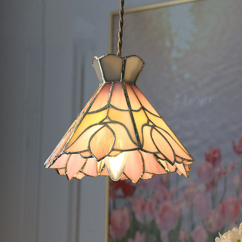 Contemporary Retro Brass Glass Conic Rose Tulip 1-Light Pendant Light For Dining Room