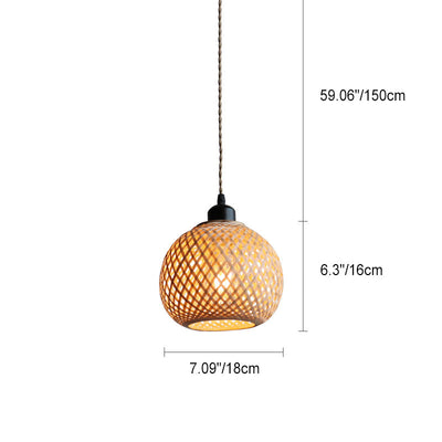 Traditional Chinese Bamboo Rattan Sphere 1-Light Pendant Light For Living Room