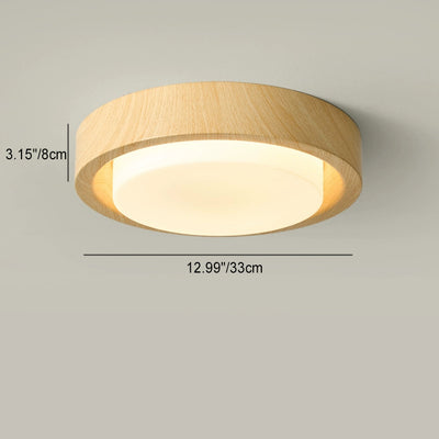 Traditional Japanese Round Glass Wood Grain LED Flush Mount Ceiling Light For Bedroom