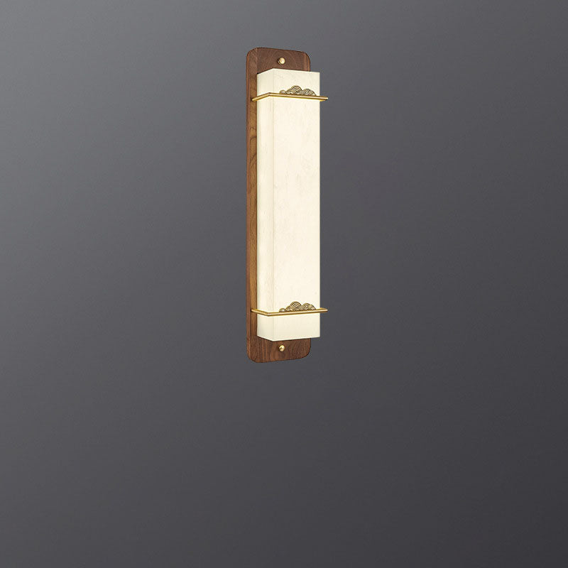 Traditional Chinese Brass Walnut Acrylic Rectangular Cloud LED Wall Sconce Lamp For Bedside