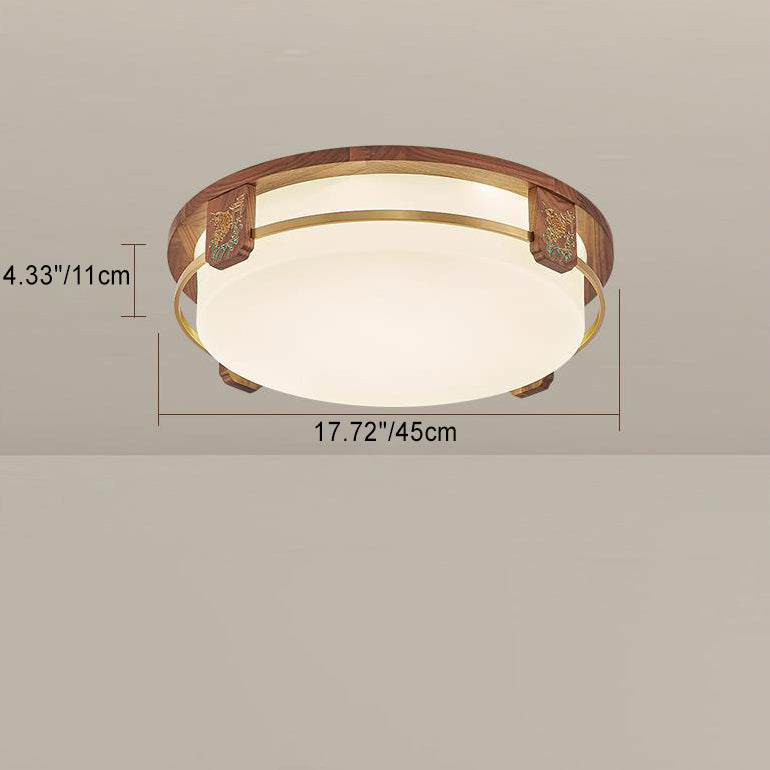 Traditional Chinese Walnut Copper Acrylic Round Square Rectangular LED Flush Mount Ceiling Light For Living Room