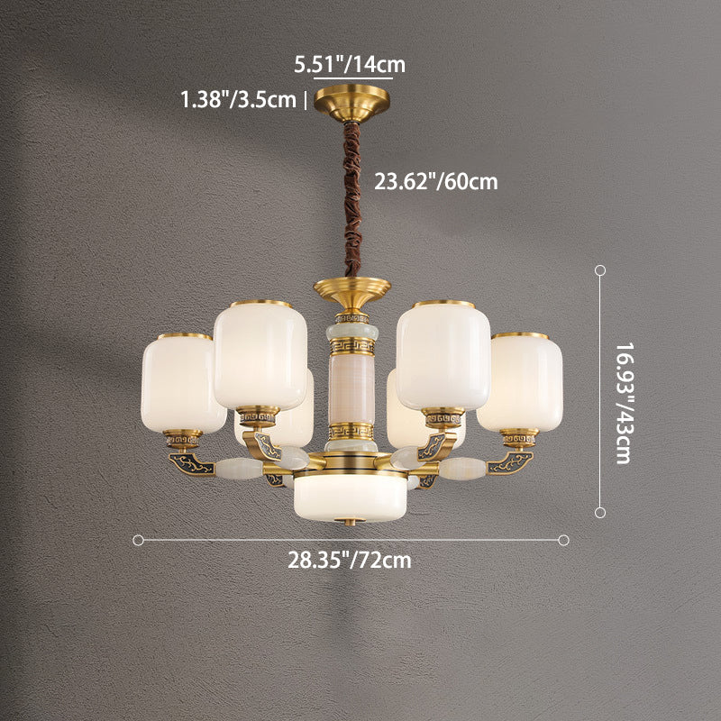 Traditional Chinese Cylinder Brass Jade Glass 6/8/10/15 Lights Chandelier For Living Room