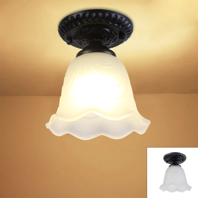 Contemporary Retro Floral Bell Round Iron Glass 1-Light Semi-Flush Mount Ceiling Light For Hallway