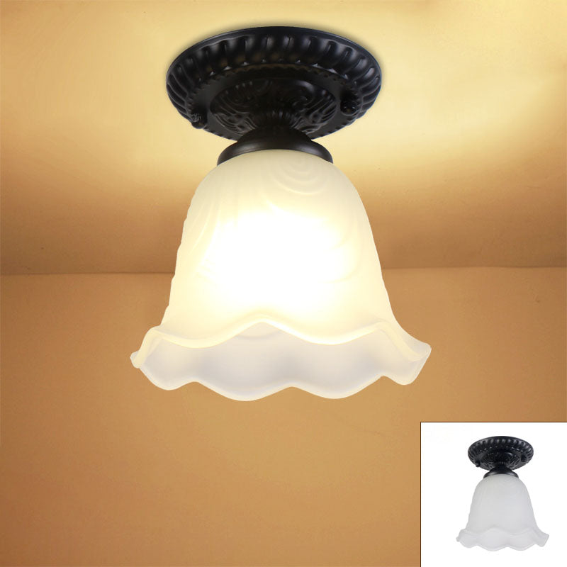 Contemporary Retro Floral Bell Round Iron Glass 1-Light Semi-Flush Mount Ceiling Light For Hallway