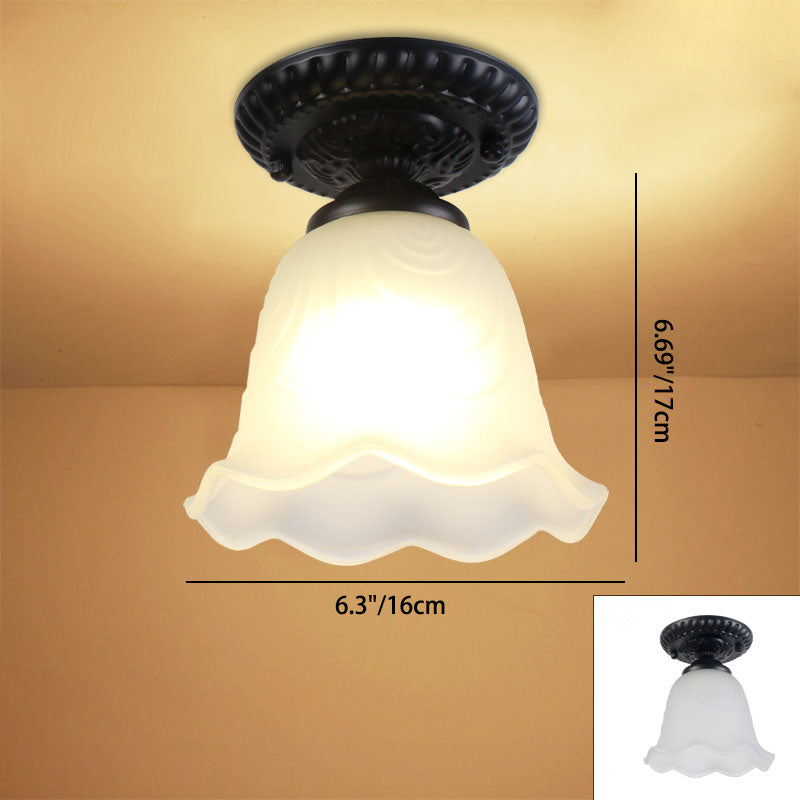 Contemporary Retro Floral Bell Round Iron Glass 1-Light Semi-Flush Mount Ceiling Light For Hallway