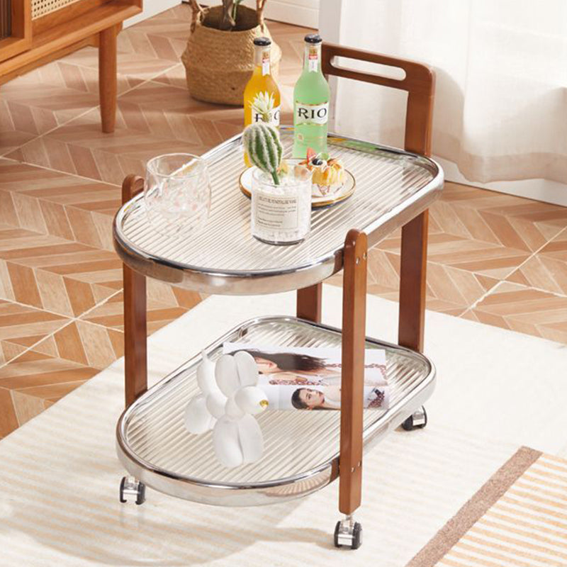 Traditional Japanese Removable Oval Wooden Stainless Steel Glass End Table 2-Tier For Living Room