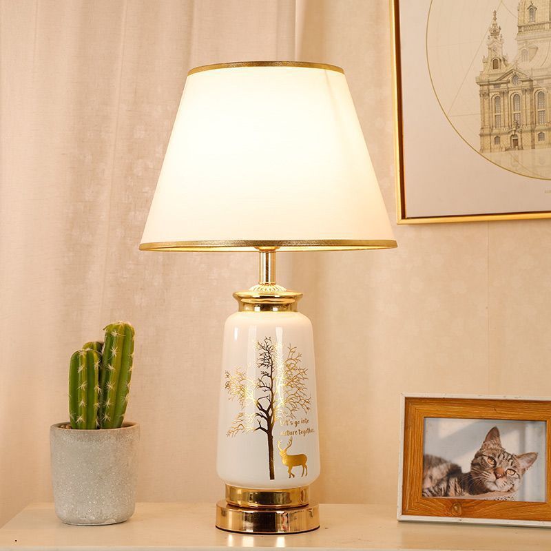 Traditional European Cylinder Ceramic Hardware Fabric 1-Light Table Lamp For Bedroom