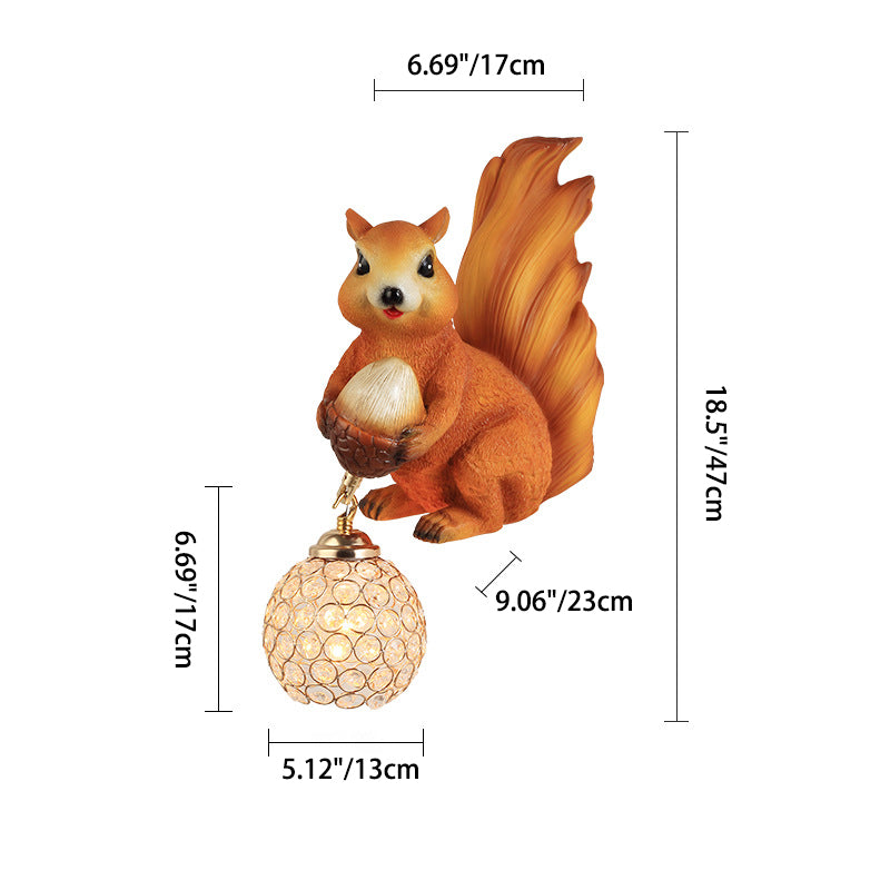 Traditional European Kids Squirrel Ball Crystal Resin 1-Light Wall Sconce Lamp For Bedside