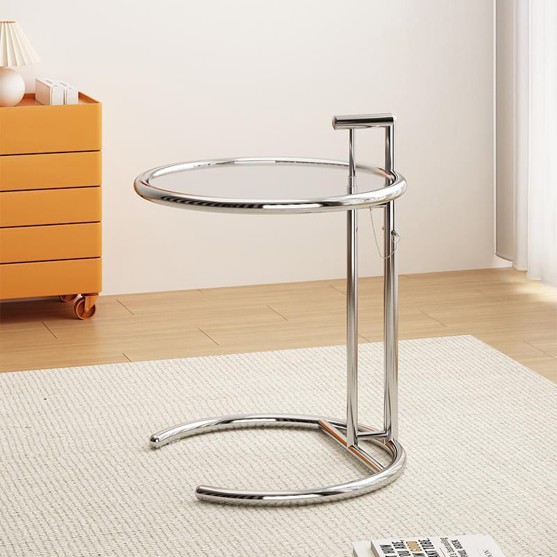 Modern Minimalist Round Tabletop Stainless Steel Tempered Glass Side Table Extendable For Living Room