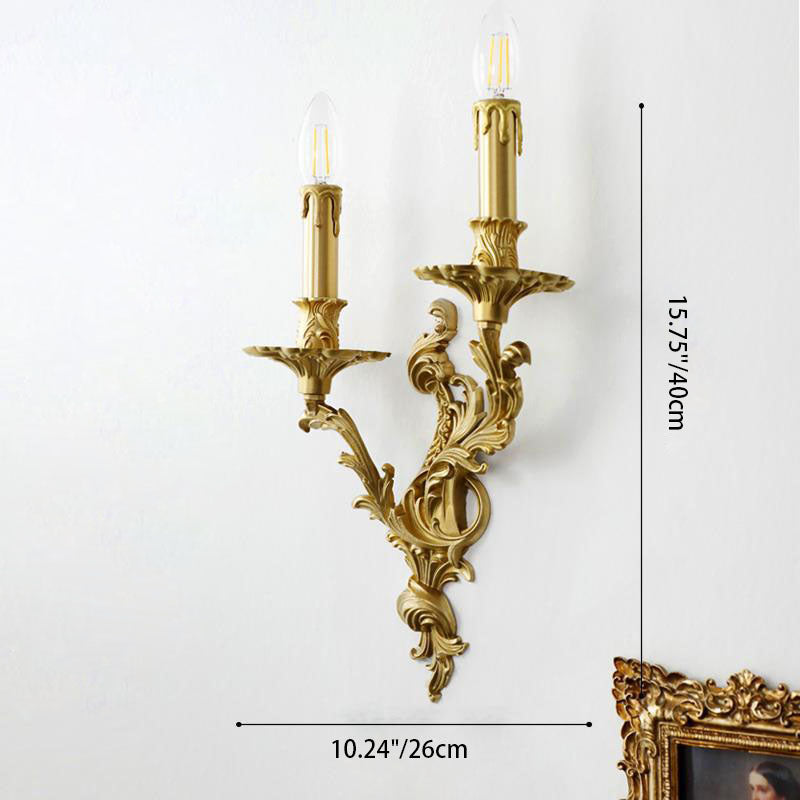 Traditional French Luxury Brass Candelabra Carved 2/3 Light Wall Sconce Lamp For Bedroom