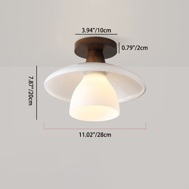 Modern Minimalist Round Cup Glass Wood 1-Light Semi-Flush Mount Ceiling Light For Living Room