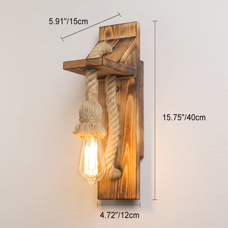 Contemporary Industrial Rectangular Wood Hemp Rope 1-Light Wall Sconce Lamp For Living Room