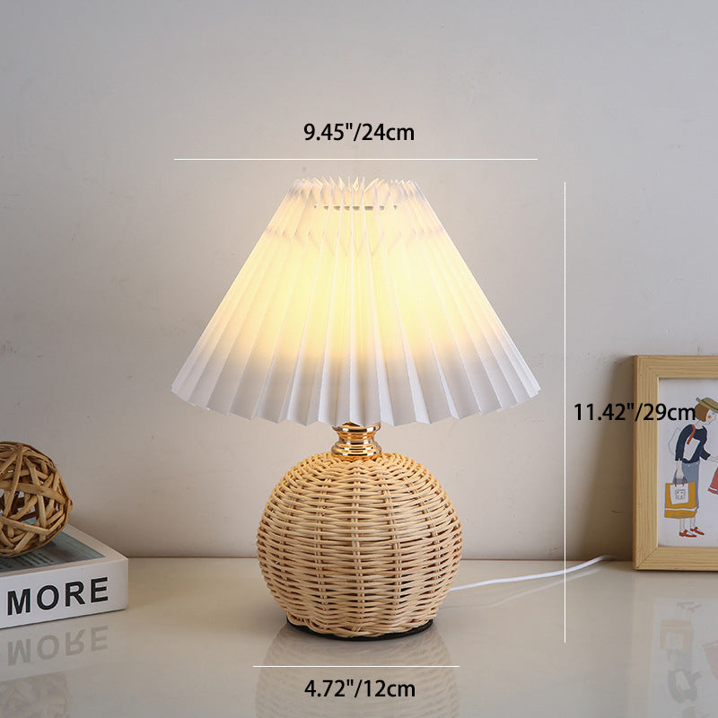 Contemporary Nordic Rattan Fabric Pleated Conic Ball LED Table Lamp For Bedroom