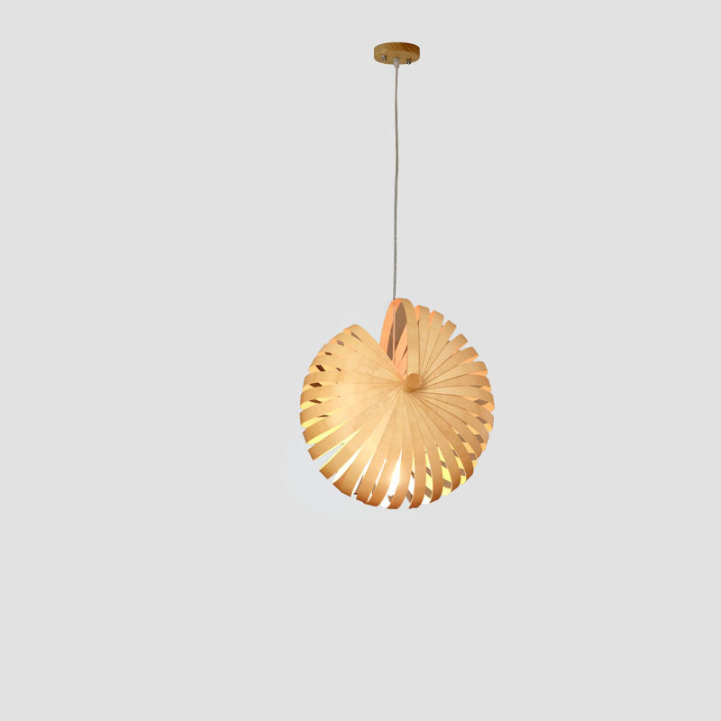 Traditional Japanese Wood Conch Shape 1-Light Pendant Light For Living Room