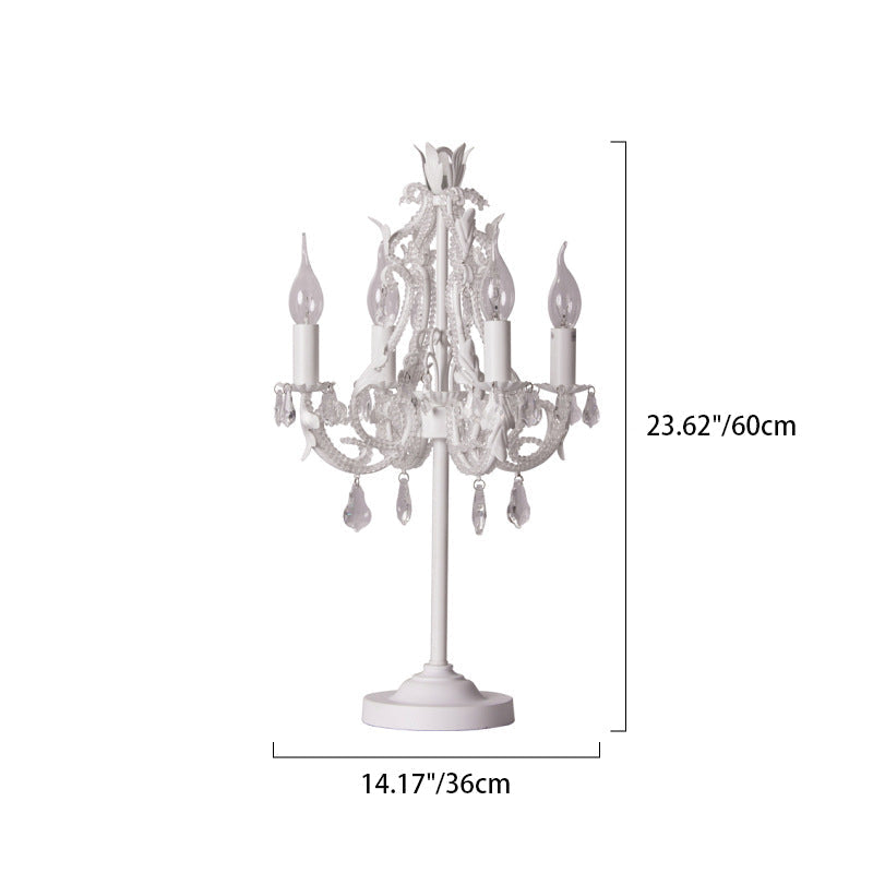 Contemporary Boho Distressed White Hardware Candelabra Design Crystal Bead 4-Light Table Lamp For Bedroom