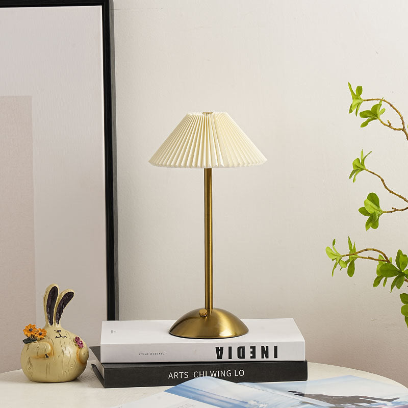 Contemporary Scandinavian Rechargeable Iron Fabric Conic Pleated LED Table Lamp For Bedside