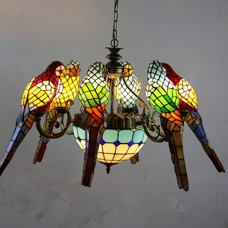 Traditional Tiffany Dome Parrot Alloy Stained Glass 8-Light Chandelier For Living Room