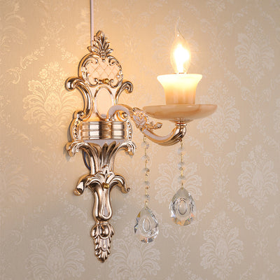 Traditional European Carved Sconce Zinc Alloy Imitation Jade 1/2 Light Wall Sconce Lamp For Living Room