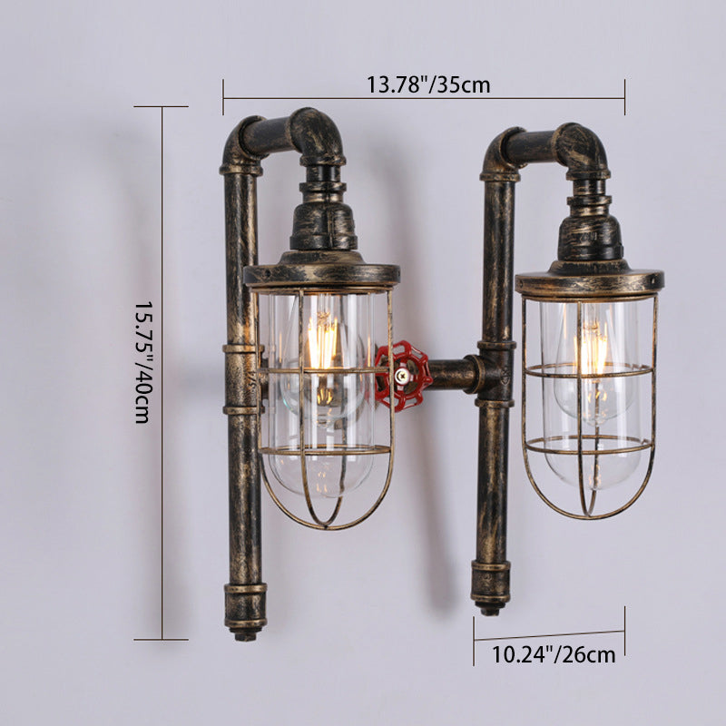 Industrial Metal Cage 2-Light Pipes Wall Sconce Lamp