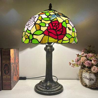 Traditional Tiffany Dome Flower Iron Glass 1-Light Table Lamp For Living Room