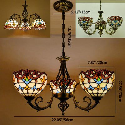 Traditional Tiffany Half Round Curved Branch Iron Glass 3-Light Chandelier For Living Room