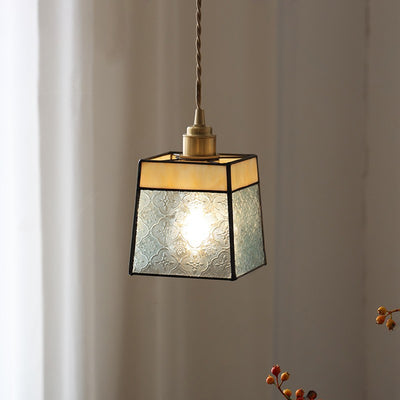 Contemporary Retro Glass Brass Iron Walnut Cubic Trapezoidal 1-Light Pendant Light For Dining Room