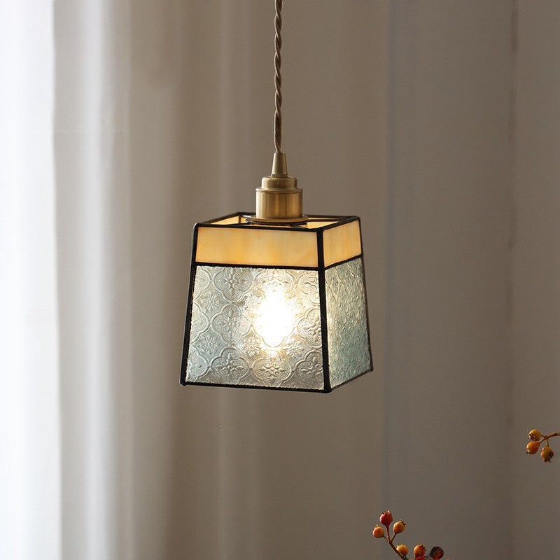 Contemporary Retro Glass Brass Iron Walnut Cubic Trapezoidal 1-Light Pendant Light For Dining Room