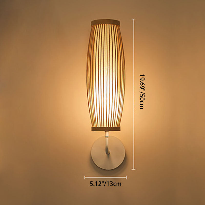 Traditional Japanese Oval Hand Woven Bamboo Fabric Metal 1-Light Wall Sconce Lamp For Bedroom