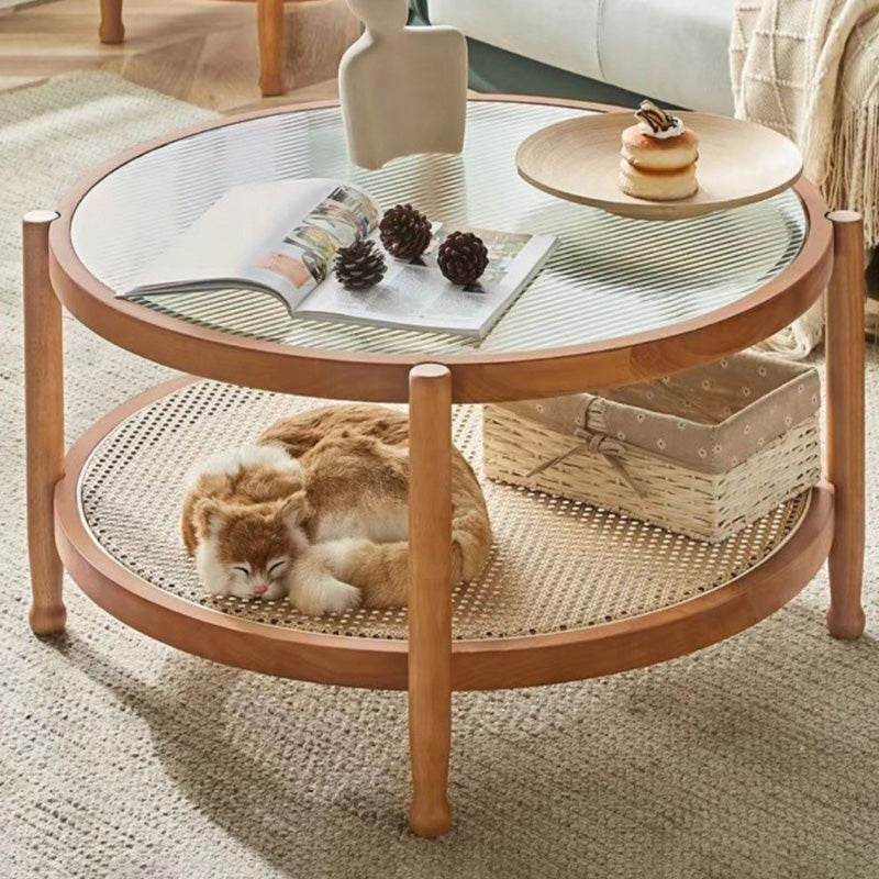 Modern Minimalist Round Horizontal Strip Glass Rattan Wooden Coffee Table 2-Tier For Living Room