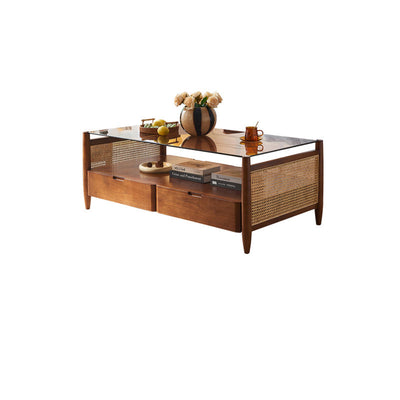 Traditional Japanese Weaving Rectangular Ash Wood Glass Coffee Table 4-Drawer For Living Room