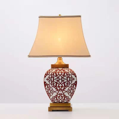 Traditional Chinese Vintage Cone Fabric Red Ceramic Jar Base 1-Light Table Lamp For Bedroom