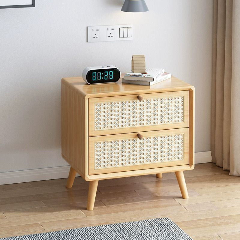 Modern Simplicity Square Solid Wood Rattan Weaving Side Table 2-Drawer For Living Room