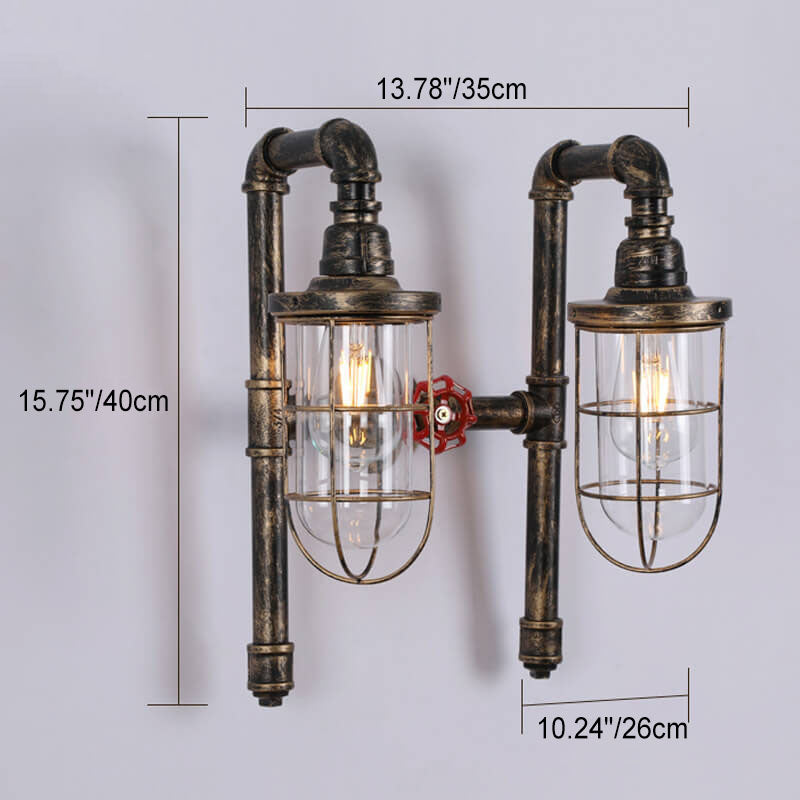 Retro Industrial Wrought Iron Water Pipe Round Glass Shade 2-Light Wall Sconce Lamp