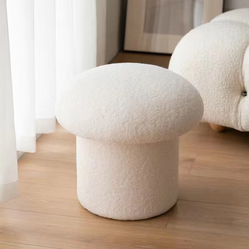 Modern Minimalist Mushroom Cylinder Lambswool Wood Vanity Stool For Bedroom