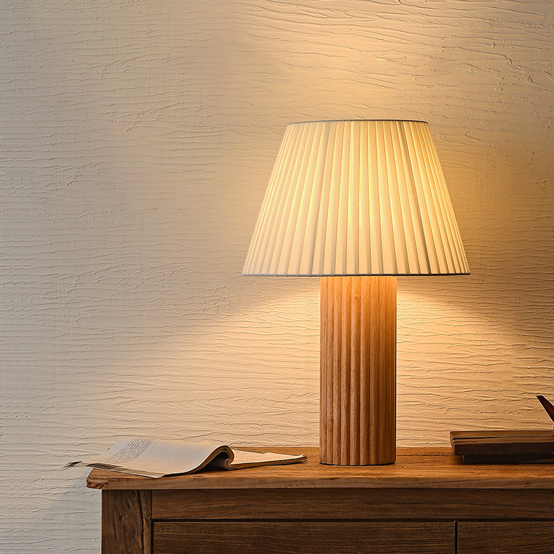 Contemporary Retro Cylinder Pleated Wood Fabric Brass 1-Light Table Lamp For Bedside