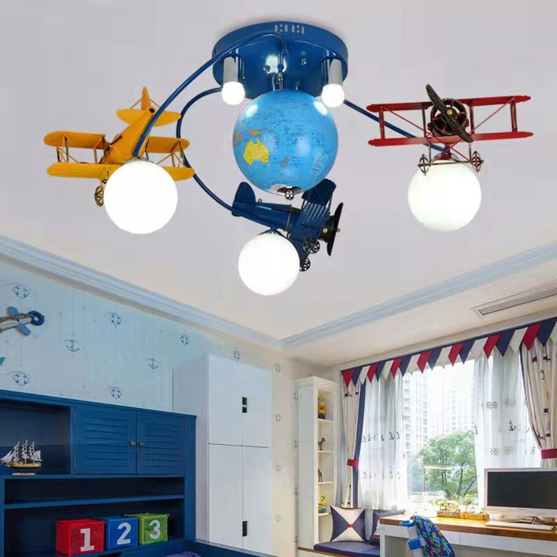 Modern Art Deco Orb Airplane Globe Glass Iron Kids 6-Light Flush Mount Ceiling Light For Bedroom