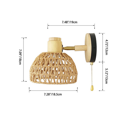 Traditional Farmhouse Paper Rattan Weaving Hollow Out Dome 1-Light Wall Sconce Lamp For Bedroom