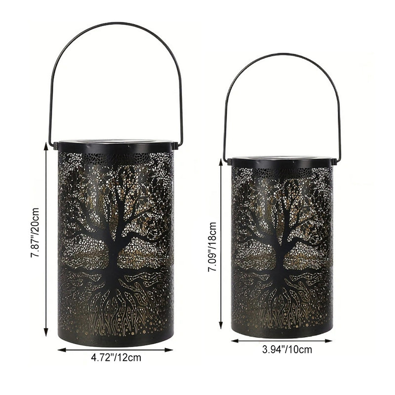 Traditional Farmhouse Solar Waterproof Iron Cylinder Tree Hollowed LED Hanging Landscape Lighting Outdoor Light For Garden