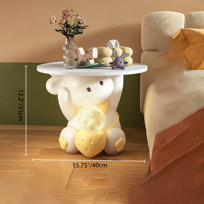 Modern Art Deco Kids Rabbit Round Plate Rectangular Drawer Resin Wood Enamel End Table 1-Drawer With LED Light For Bedroom