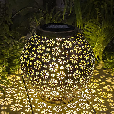 Modern Art Deco Solar Waterproof Portable Flower Round Lantern Iron LED Outdoor Light For Garden