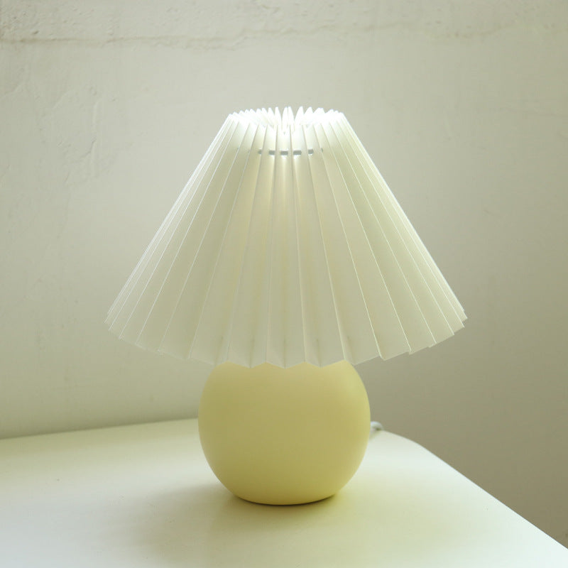 Contemporary Retro Pleated Fabric Round Ceramic Base 1-Light Table Lamp For Bedroom