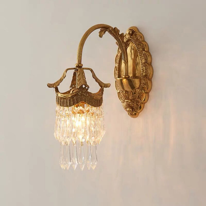 Traditional French Carved Leaf Brass Crystal 1/2 Light Wall Sconce Lamp For Bedroom