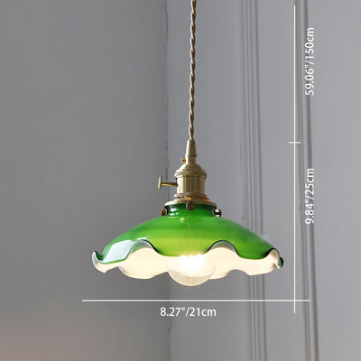 Traditional Chinese Floral Scroll Brass Glass 1-Light Pendant Light For Living Room