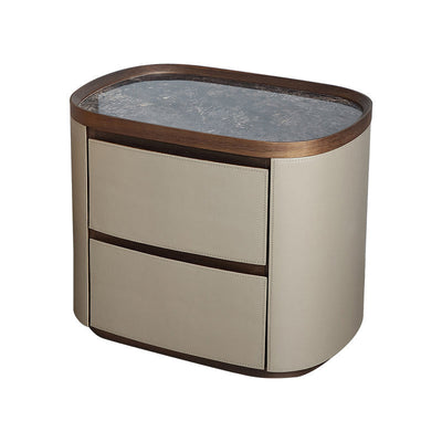 Modern Minimalist Elliptical Slate Saddle Leather Walnut Velvet Nightstand 2-Drawer For Bedside