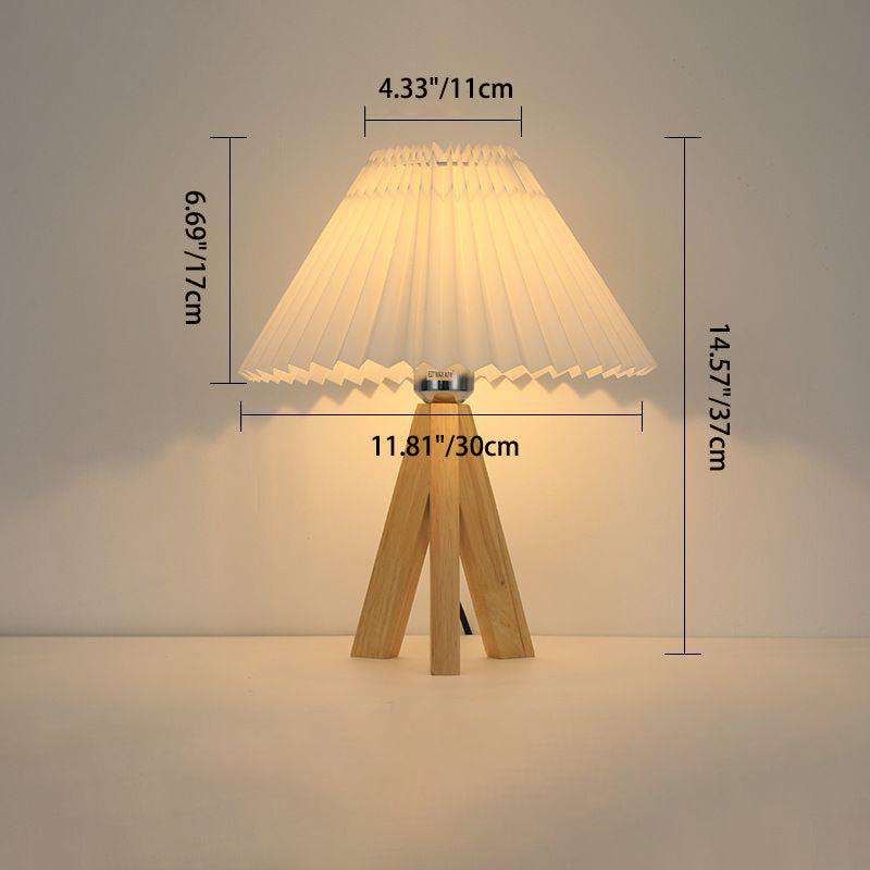 Modern Minimalist Trapezoid Tripod Pleated Fabric Shade Wood 1-Light Table Lamp For Bedroom