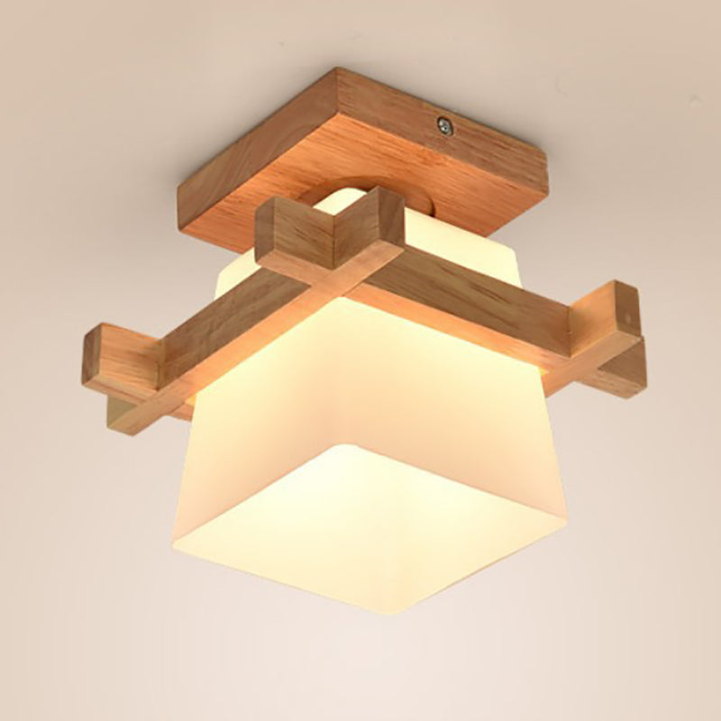 Traditional Japanese Wood Frame Glass Column 1-Light Semi-Flush Mount Ceiling Light For Living Room